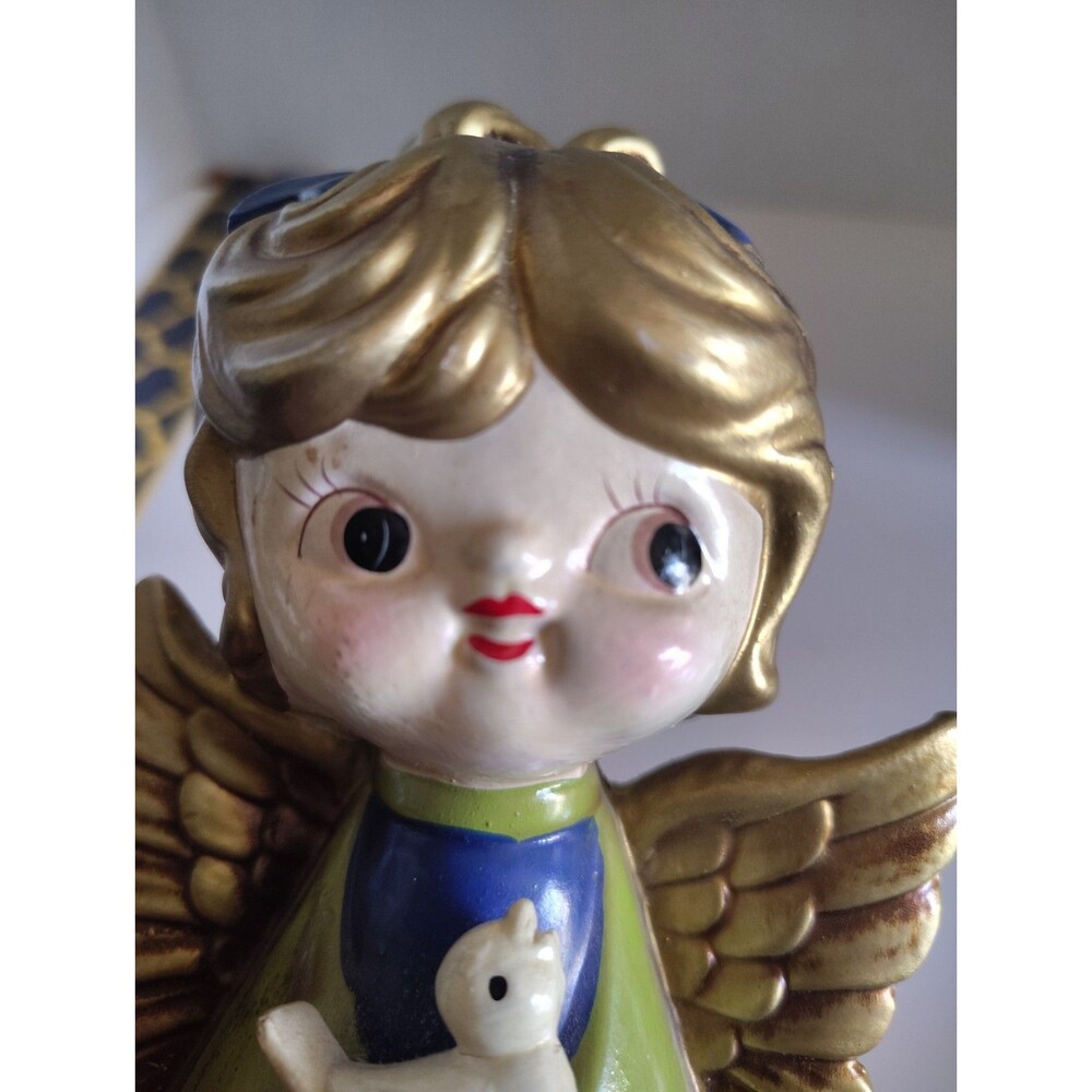 VTG HOLT HOWARD Chalkware Christmas Angel Green Blue Holding Bird Wings Japan 55 - Picture 11 of 14